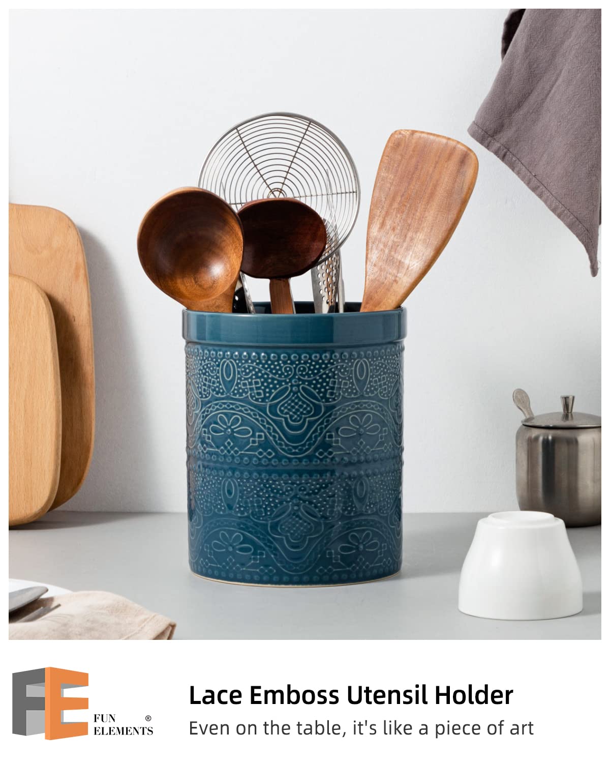 FE Fun Elements utensil holder dimensions 6.25 by 6.25 by 7.2 inches keeping utensils tidy