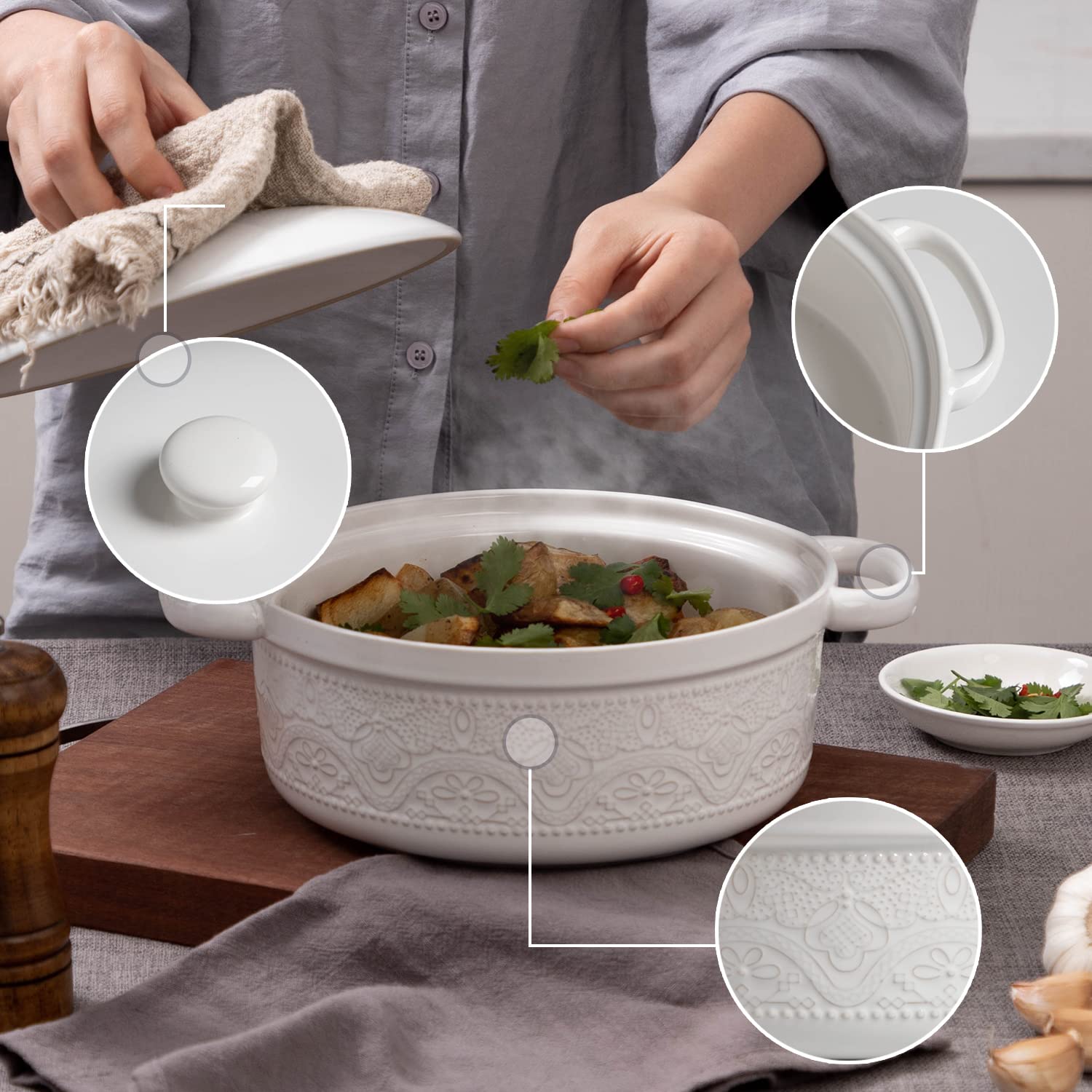 FE Fun Elements white casserole dish close up shows glossy finish and durability