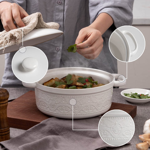 FE Fun Elements white casserole dish close up shows glossy finish and durability
