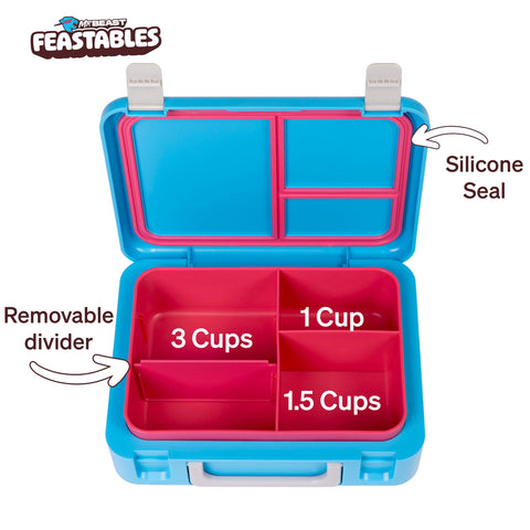 Feastables MrBeast Bento lunchbox shown in freezer-safe setup helps pre-freeze snacks.