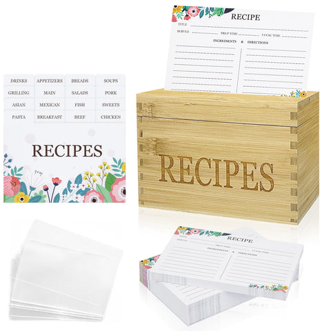 Feasteery Bamboo Recipe Box front view highlighting rustic craftsmanship and organized storage.