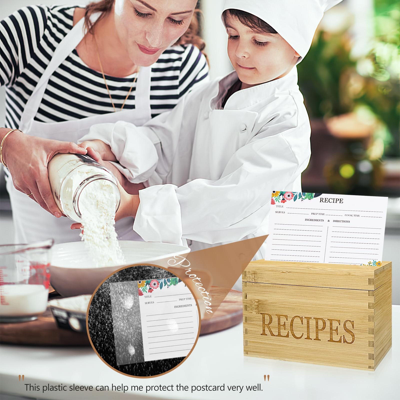 Feasteery Bamboo Recipe Box with dividers for category organization.
