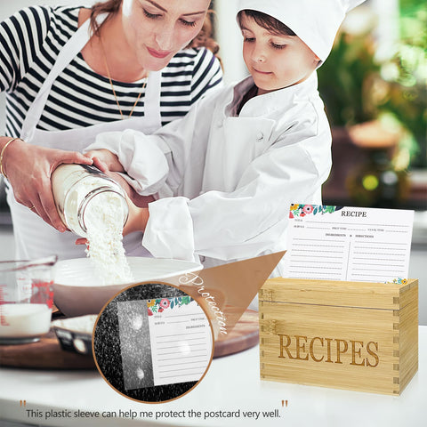 Feasteery Bamboo Recipe Box with dividers for category organization.