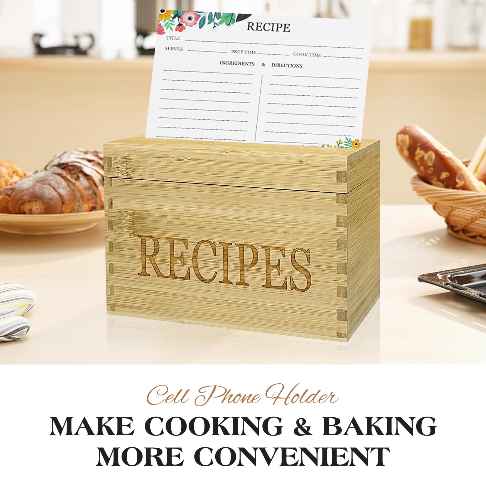 Feasteery Recipe Box display stand included for tabletop setup.