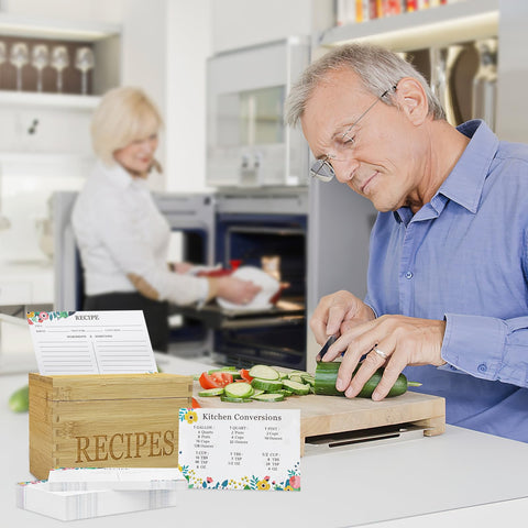 Feasteery Recipe Box open with slant opening for convenient card viewing.