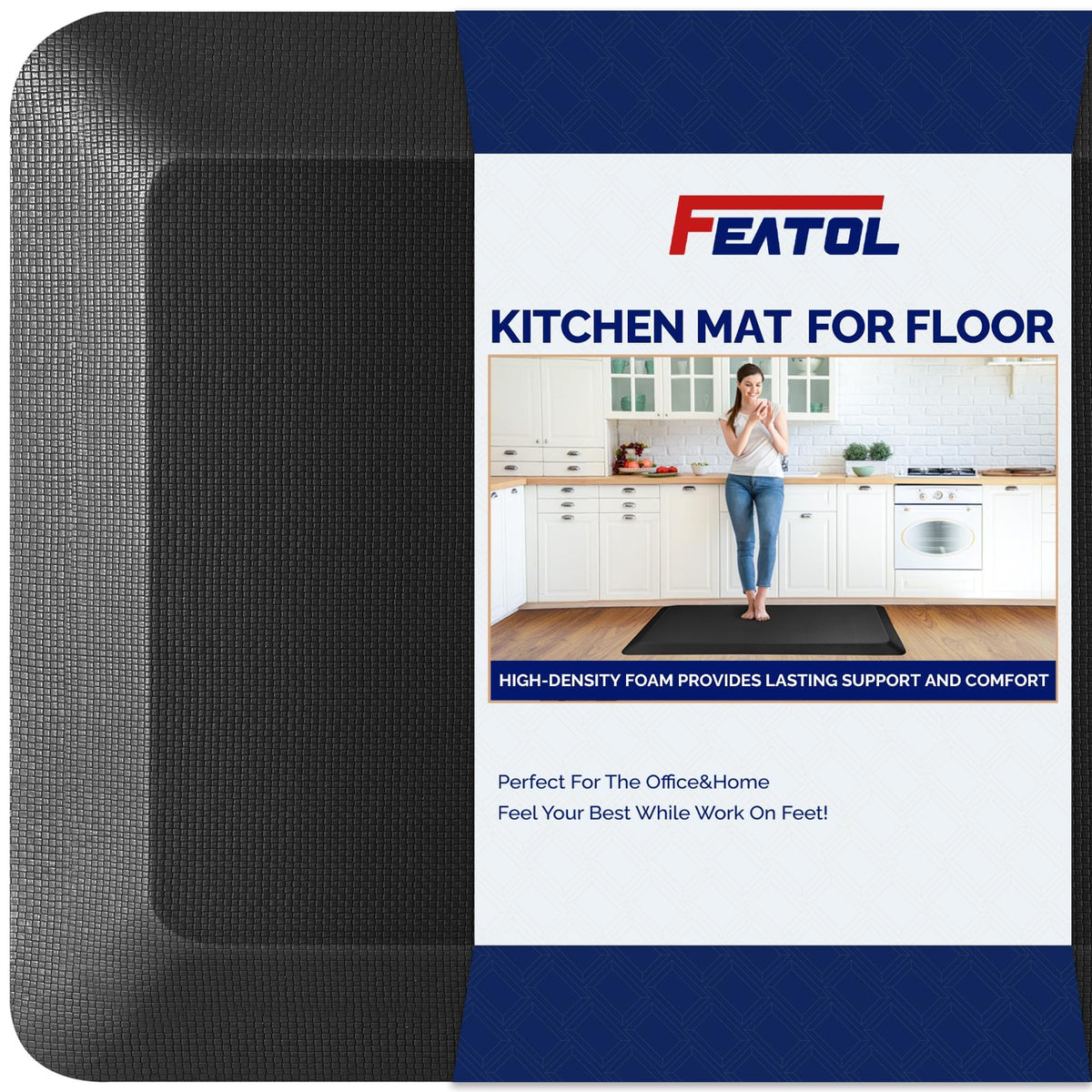 FEATOL anti-fatigue mat for standing desks with memory foam support for long work sessions.