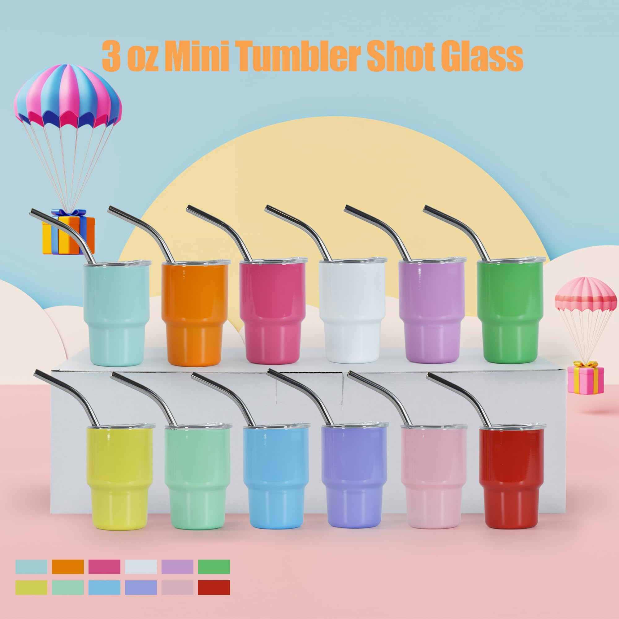 FECBK twelve-color mini tumblers with bright colors for gifts and events.