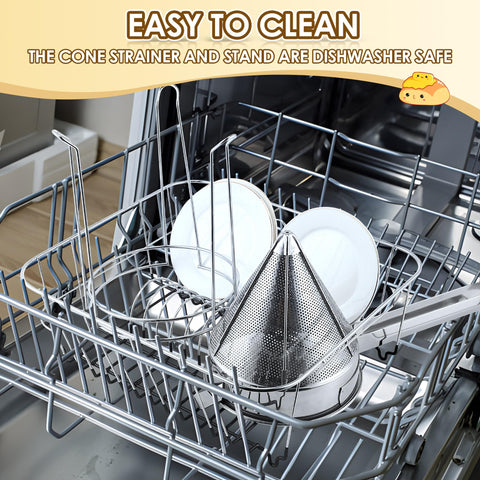 Feekoon chinois strainer shows long hollow handle for ergonomic grip.