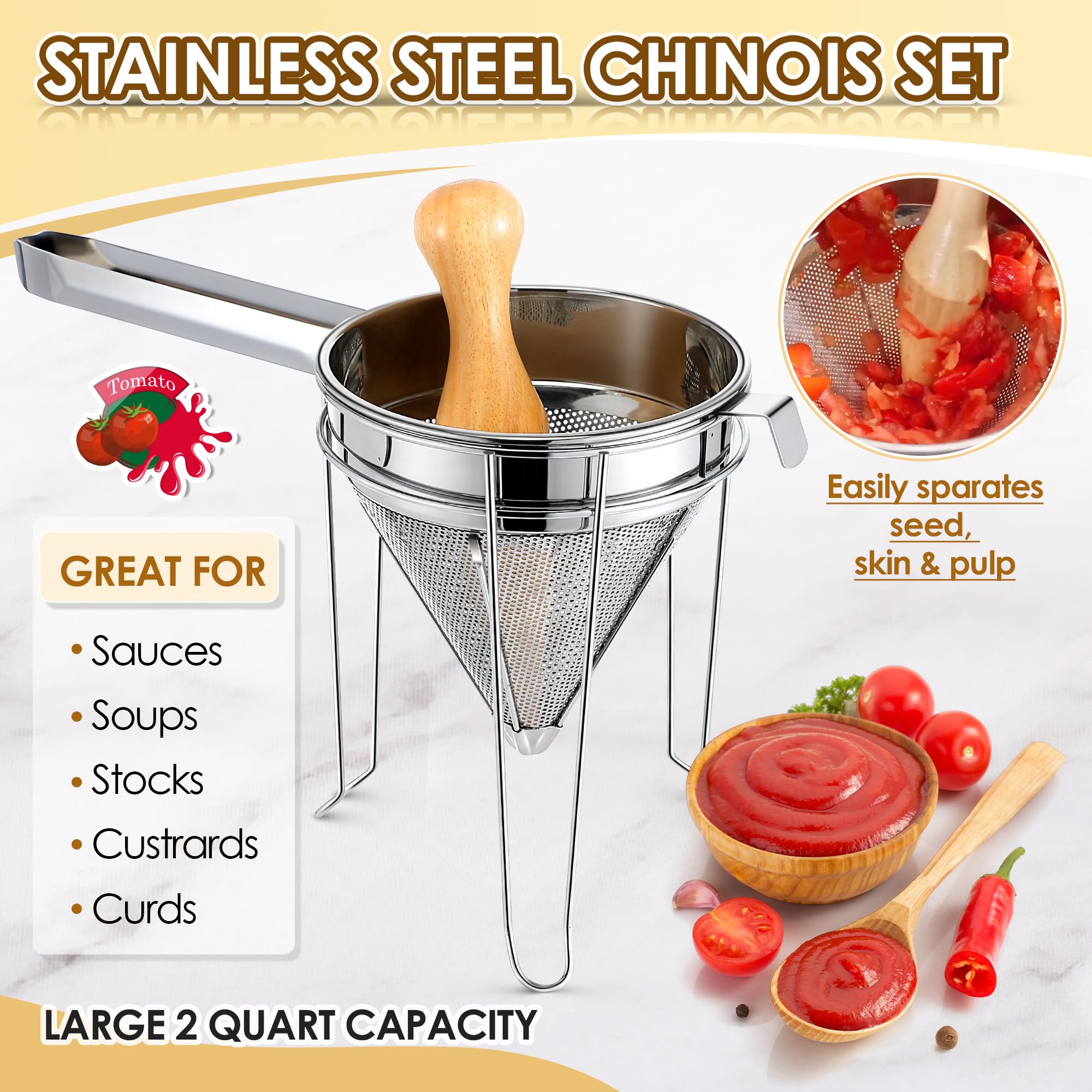 Feekoon chinois strainer in use with stand and pestle for efficient pressing.