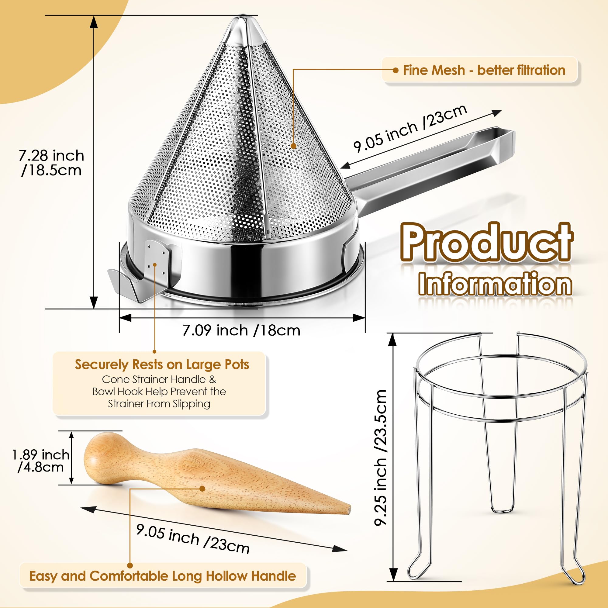 Feekoon stainless steel chinois strainer with hollow handle for safe, comfortable control.