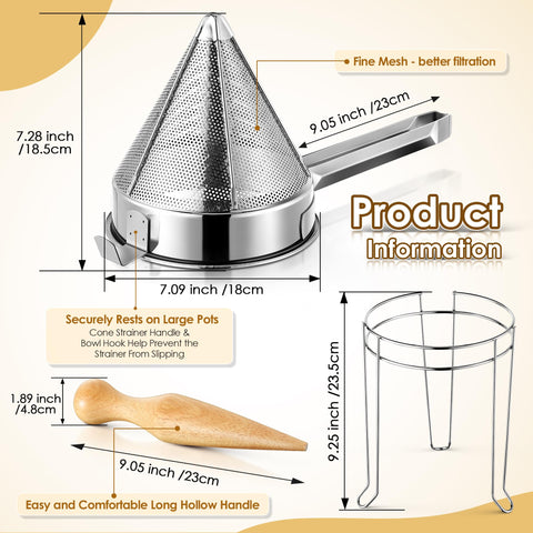 Feekoon stainless steel chinois strainer with hollow handle for safe, comfortable control.