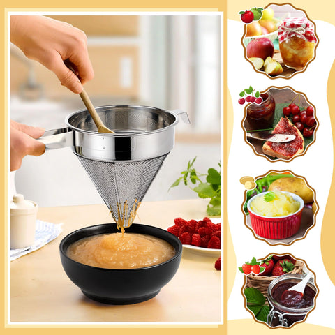Feekoon wooden pestle beside strainer enables easy mashing.