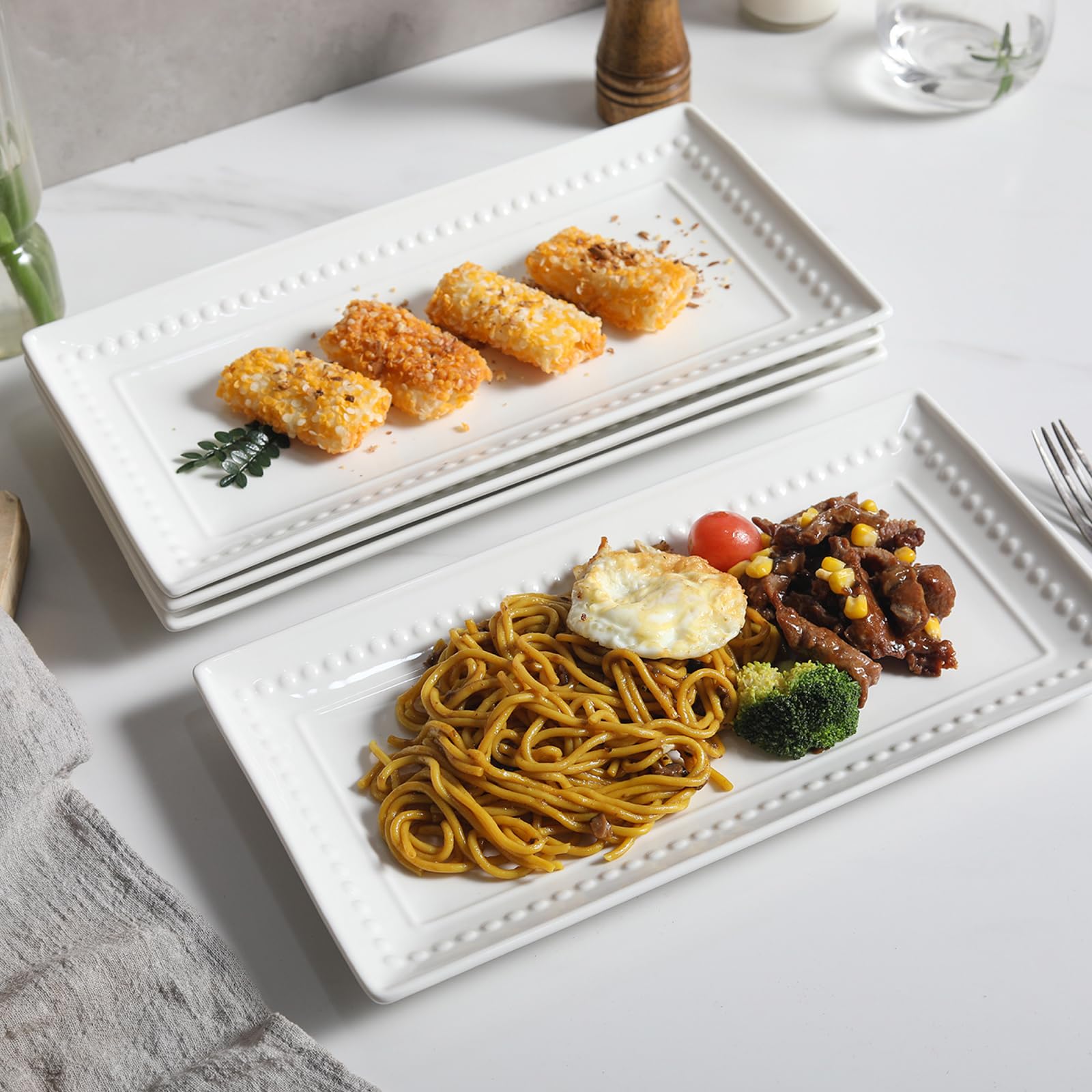 Feenmai embossed white platter set highlights elegant texture for stylish entertaining.