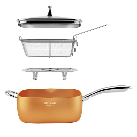 FeLamp FELAMP 9.5-inch deep square pan with lid for even heating and covered cooking.