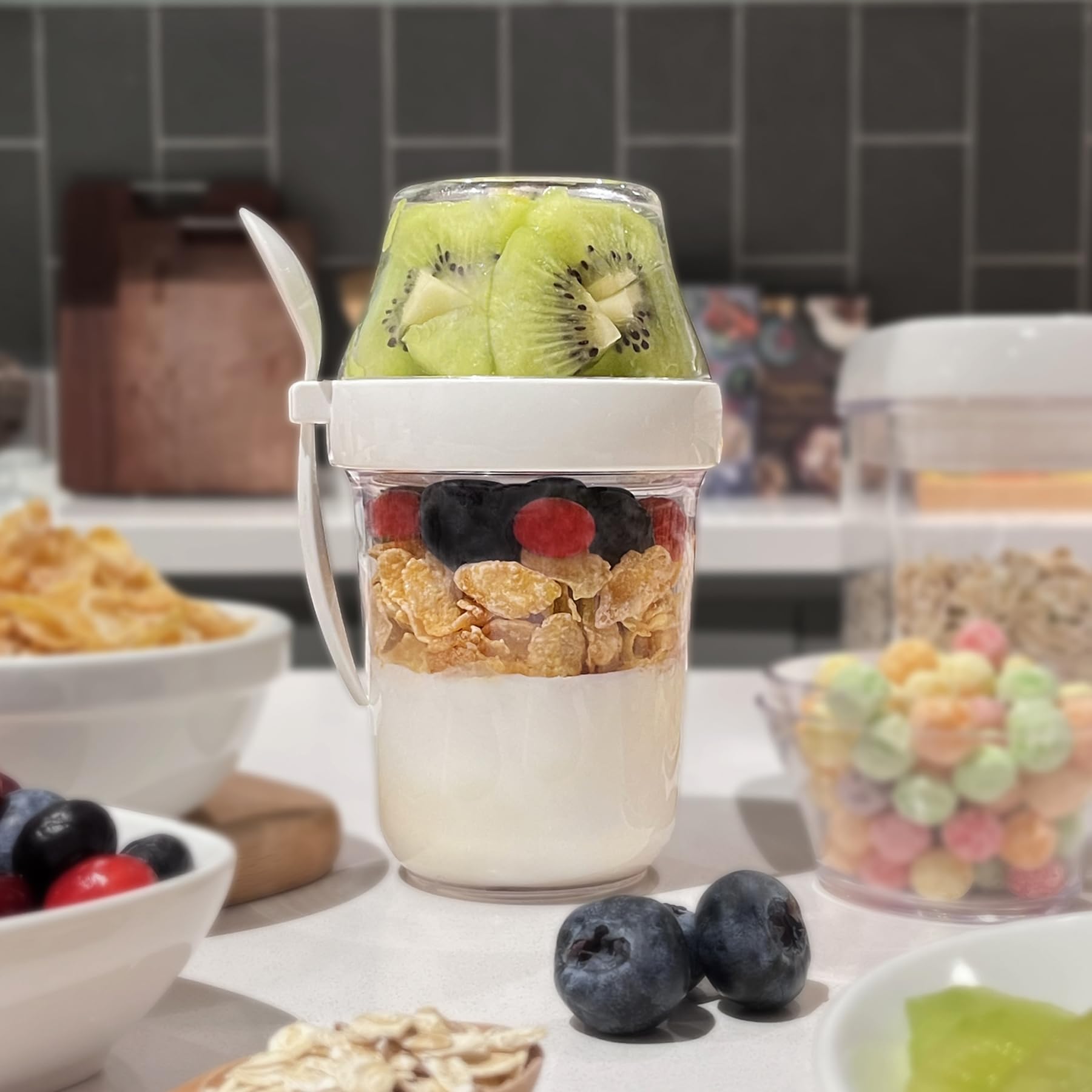 Felli 12oz snack cup with leak-proof lid ideal for on-the-go snacks and spill prevention.