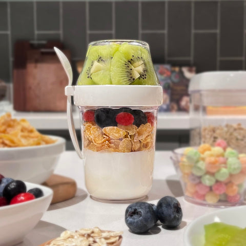 Felli 12oz snack cup with leak-proof lid ideal for on-the-go snacks and spill prevention.