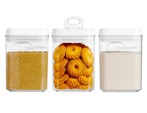 Felli Flip-Tite 3-piece pantry set keeps dry staples neatly organized on a shelf.