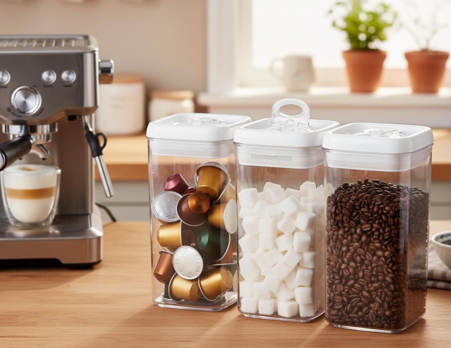 Stackable Felli 4in container design saves pantry space.