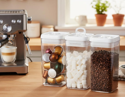 Stackable Felli 4in container design saves pantry space.