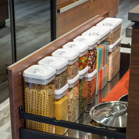 Felli Flip-Tite stackable container set showing space saving in pantry.