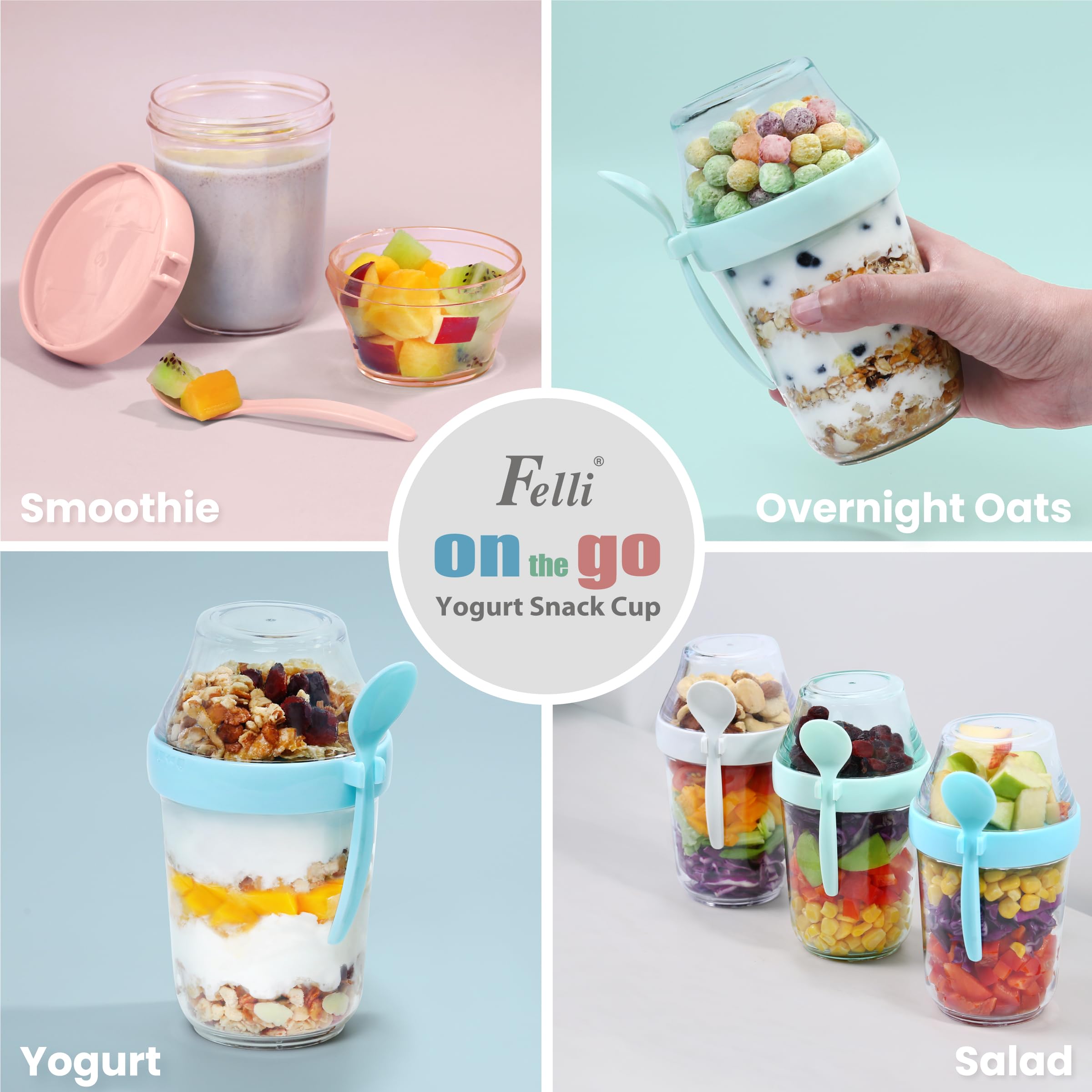 Felli portable 12 oz snack cup designed for kids and adults on the move.