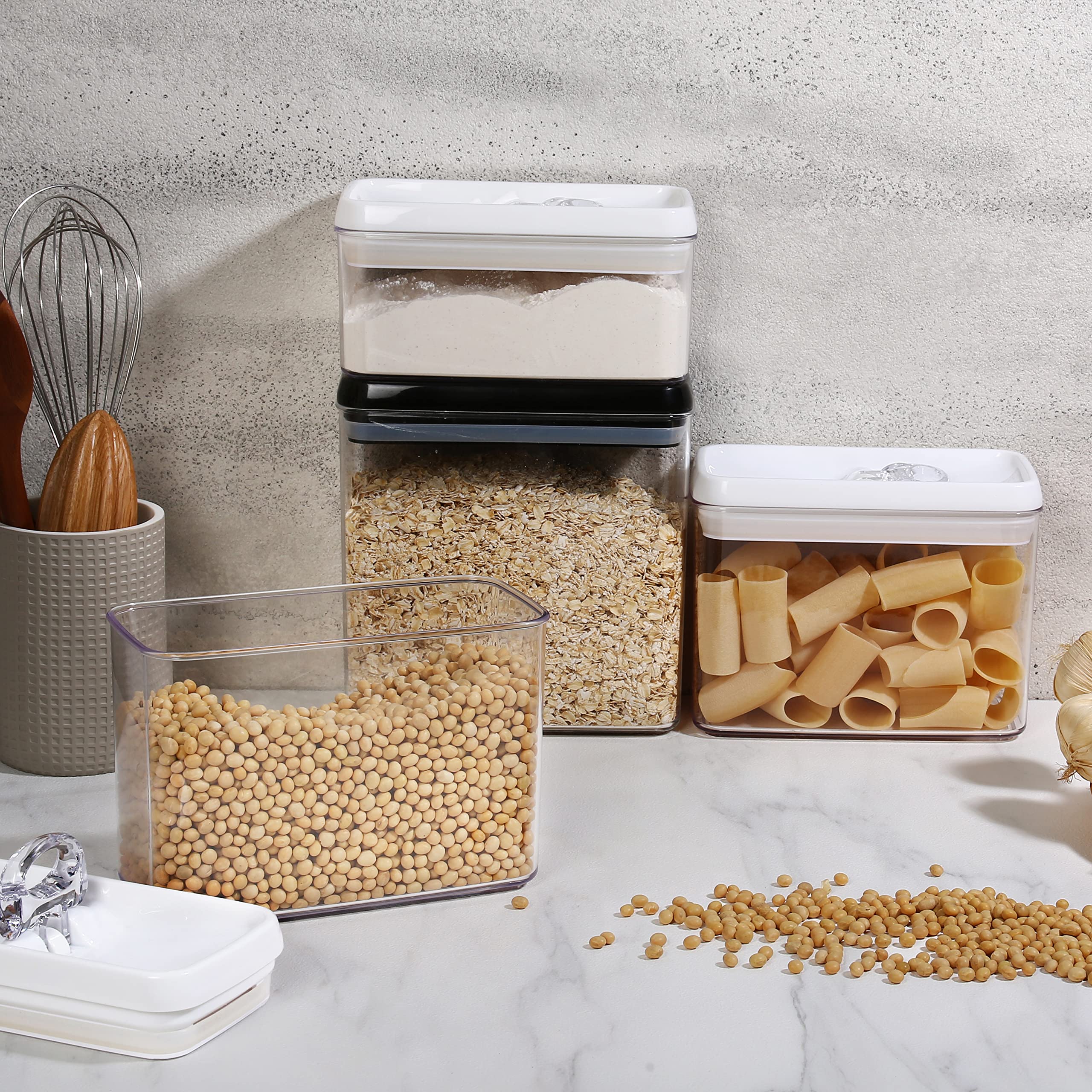 Felli variety of sizes and shapes fit compact counters and pantries.
