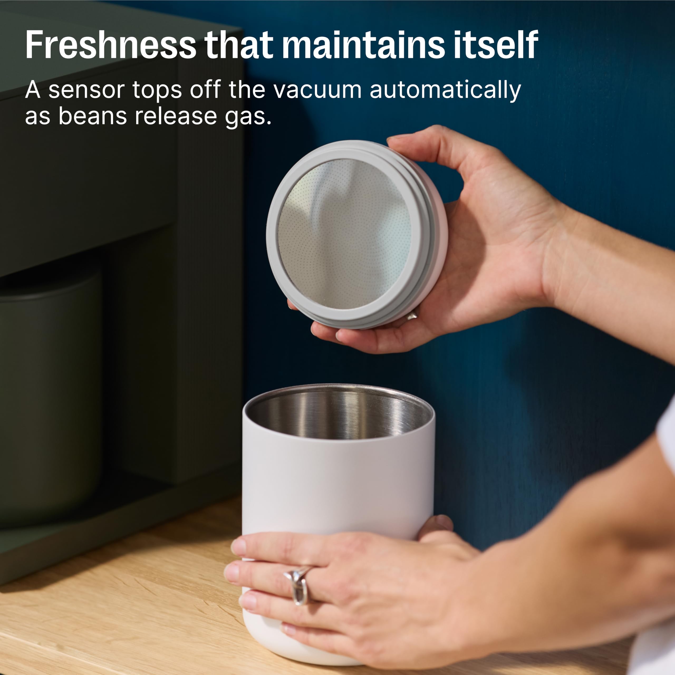 Minimalist Atmos design sits neatly on the counter for easy access.