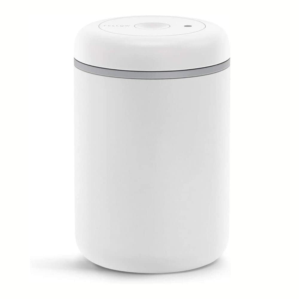 Fellow Atmos vacuum canister in matte white with airtight seal for fresh coffee