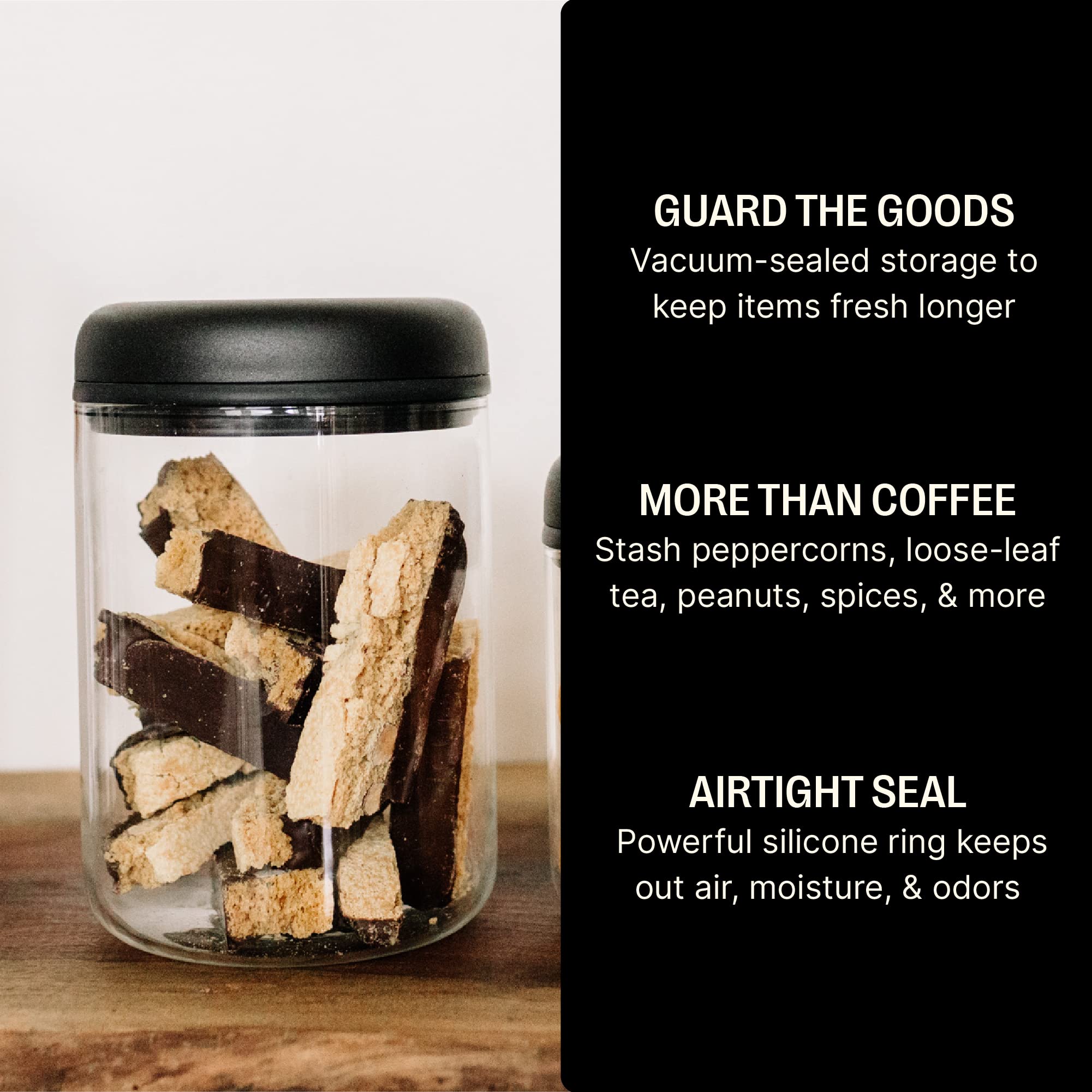 Atmos canister stores coffee beans tightly for extended freshness.