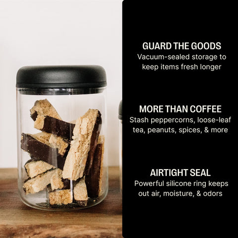 Atmos canister stores coffee beans tightly for extended freshness.
