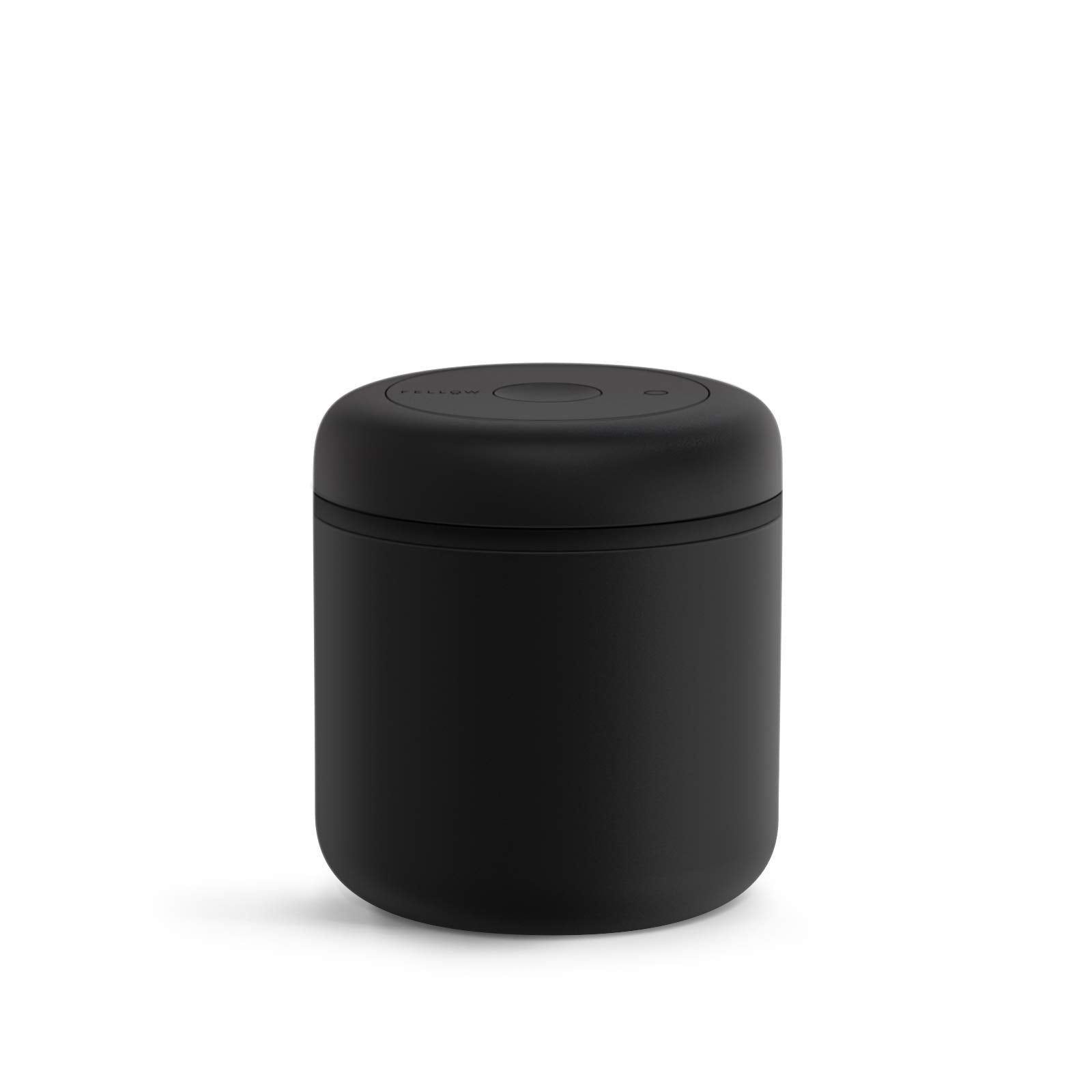 Fellow Atmos vacuum coffee canister in matte black shows its 0.7L capacity for fresh beans.