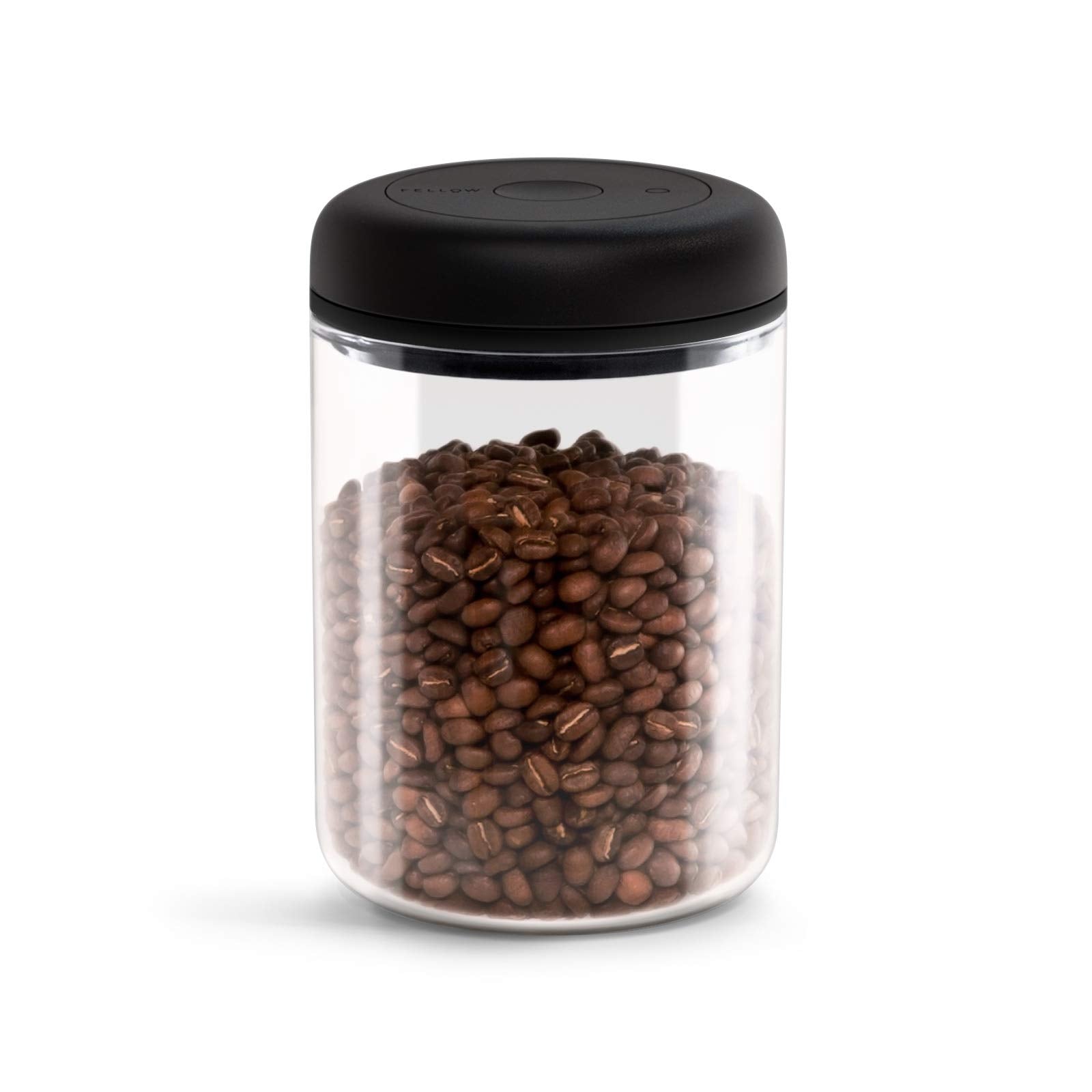 Fellow Atmos vacuum canister lid-twist action helps reduce air for fresher coffee.