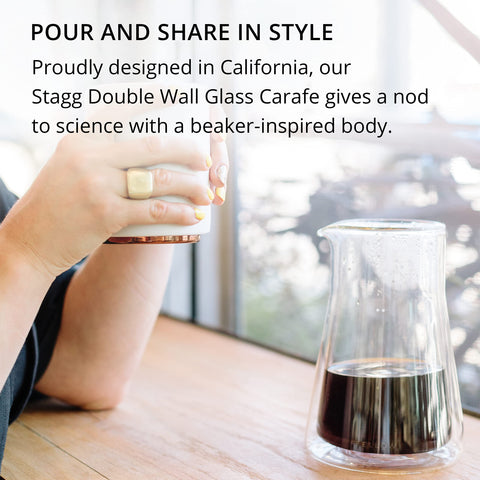 Fellow Stagg carafe with beaker-inspired design for stylish pour-over brewing.