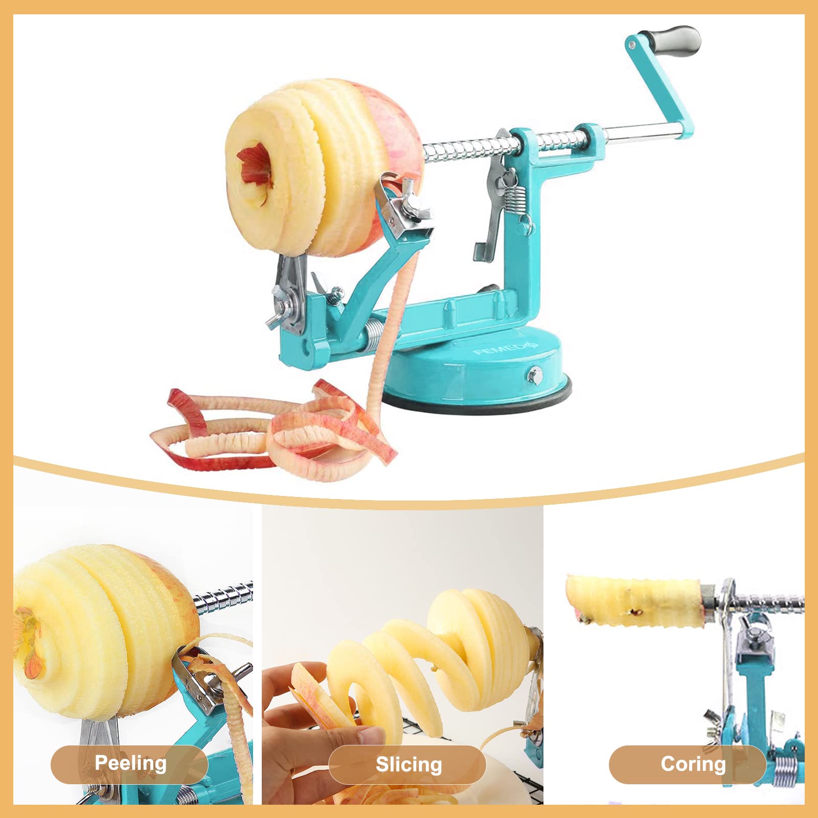 Femedo three-way operation lets you peel, core and slice efficiently