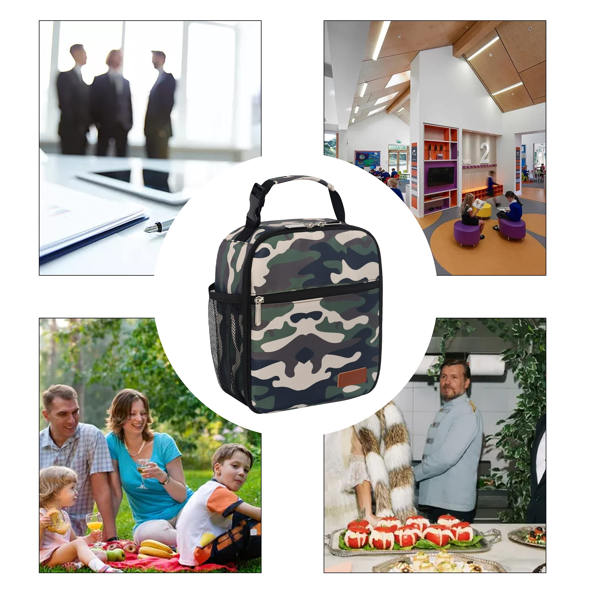 Femuar camouflage lunch box back view with logo emphasizing durable design.