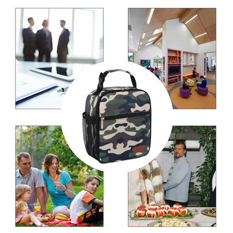 Femuar camouflage lunch box back view with logo emphasizing durable design.