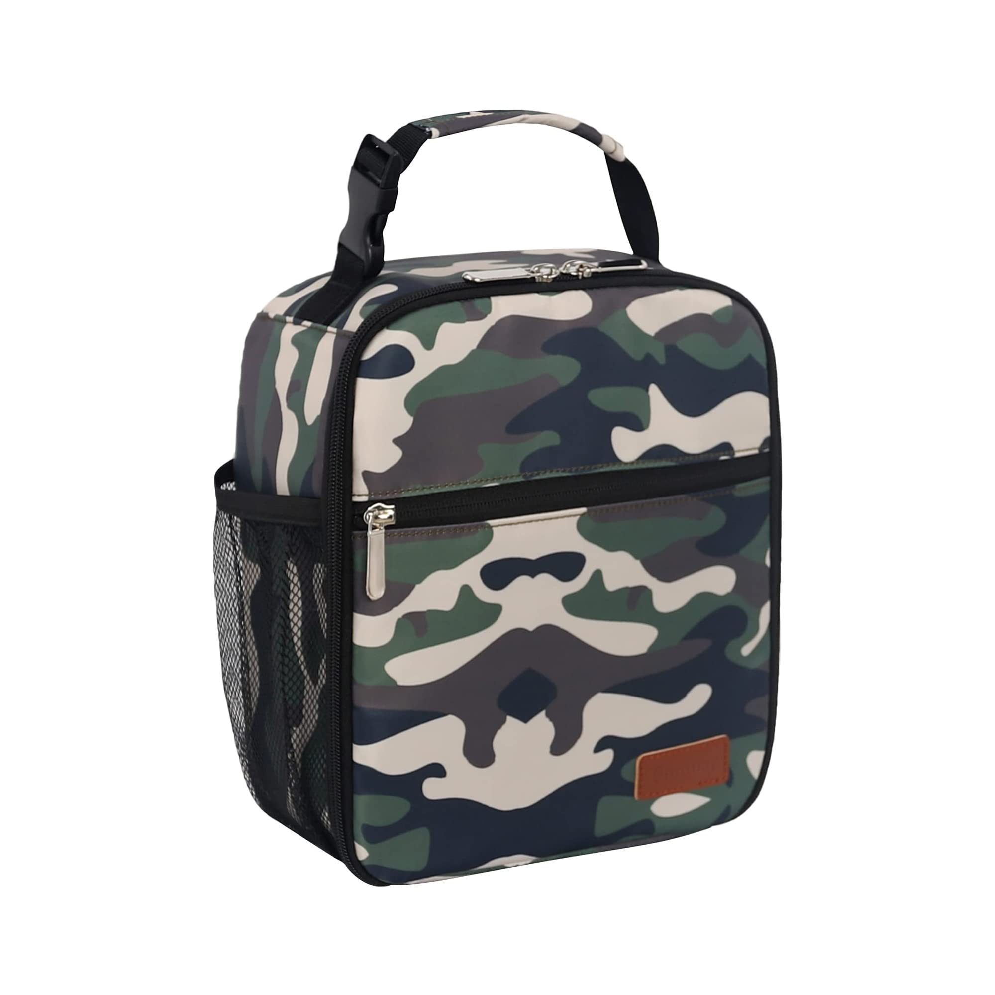 Femuar camouflage lunch box front view shows compact, office-ready design.