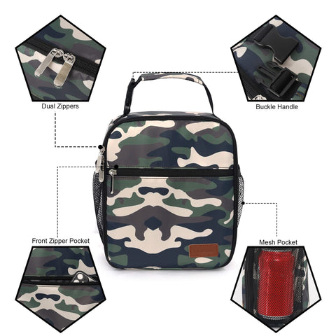 Femuar camouflage lunch box with handle and buckle features portable use.