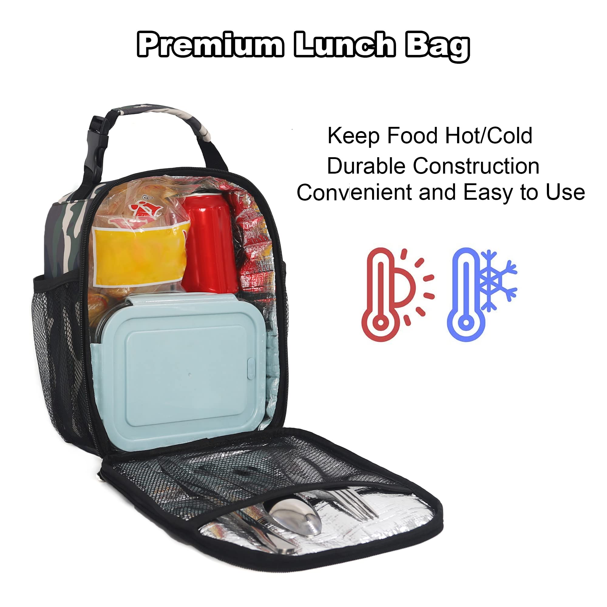 Femuar camouflage lunch box interior lining demonstrates easy-to-clean insulation.