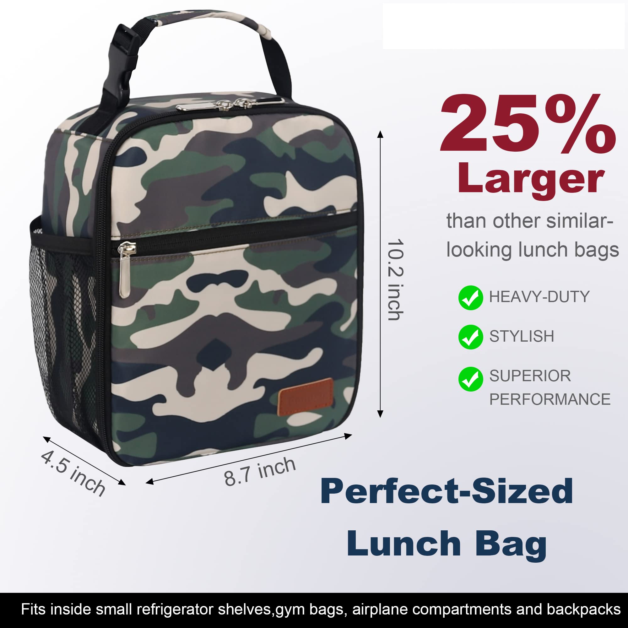 Femuar camouflage lunch box side-pocket view highlights extra storage for essentials.