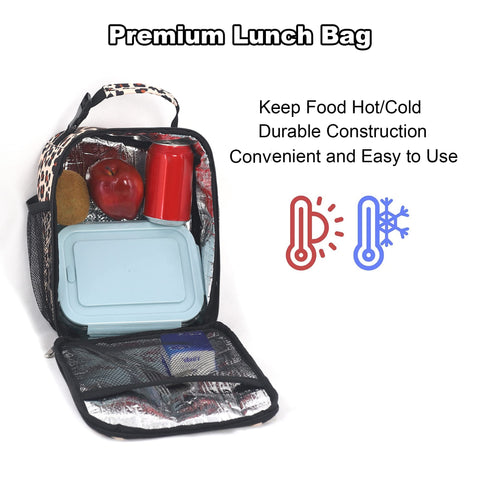 Femuar leopard lunch box front pocket stores keys or phone securely.