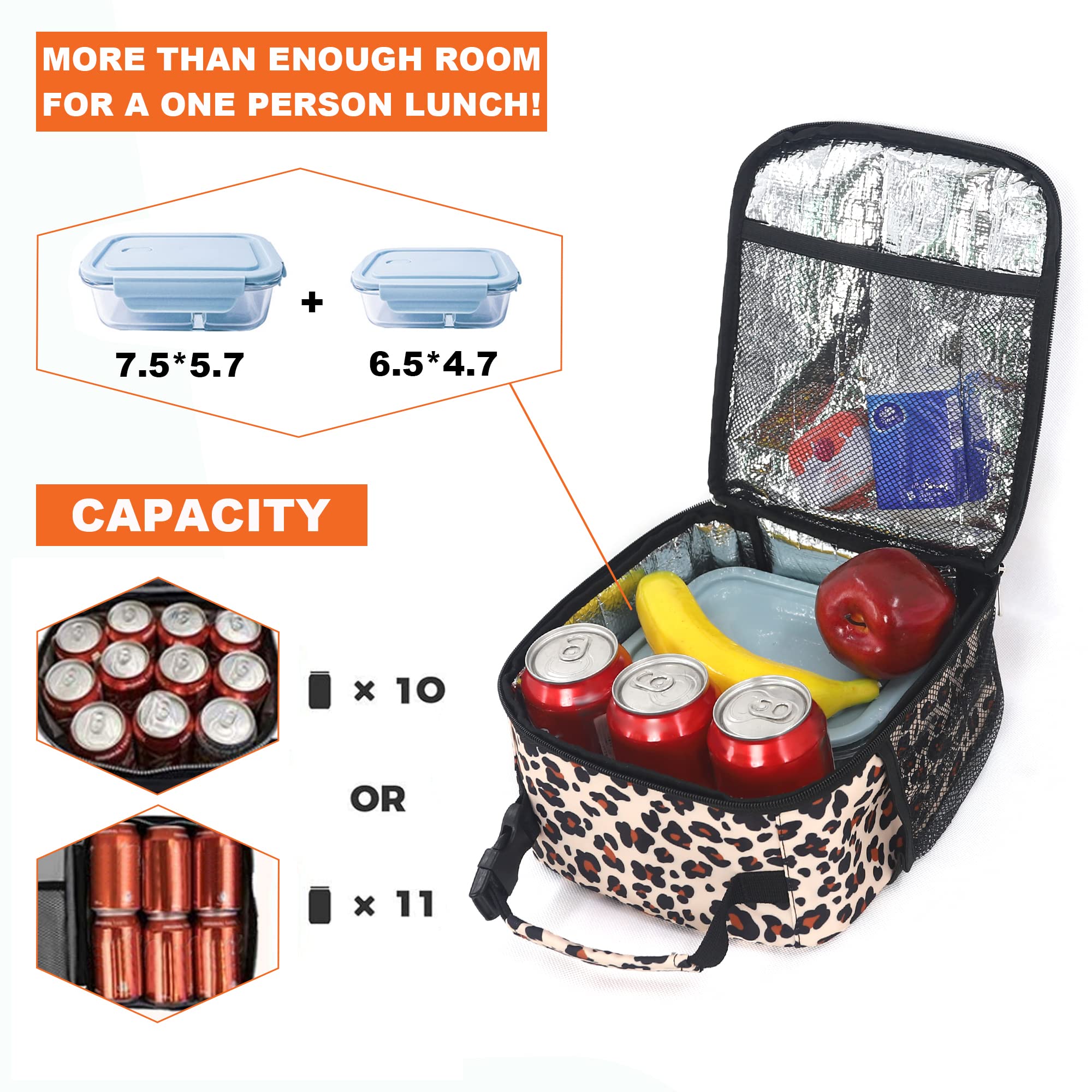 Femuar leopard lunch box insulated lining keeps meals warm or cool for outdoor outings.