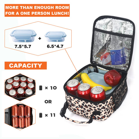 Femuar leopard lunch box insulated lining keeps meals warm or cool for outdoor outings.