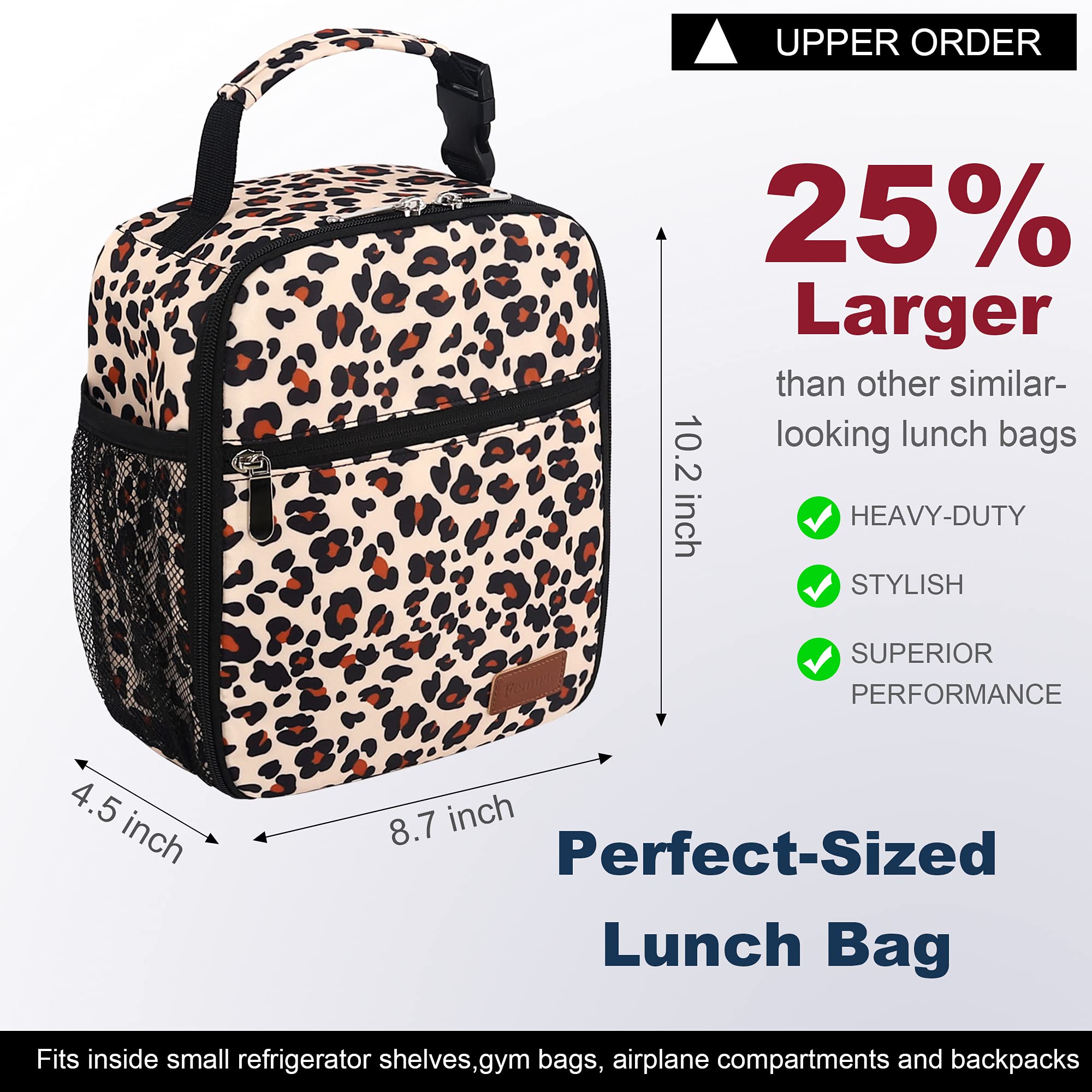 Femuar leopard lunch box with sturdy handle for easy transport.