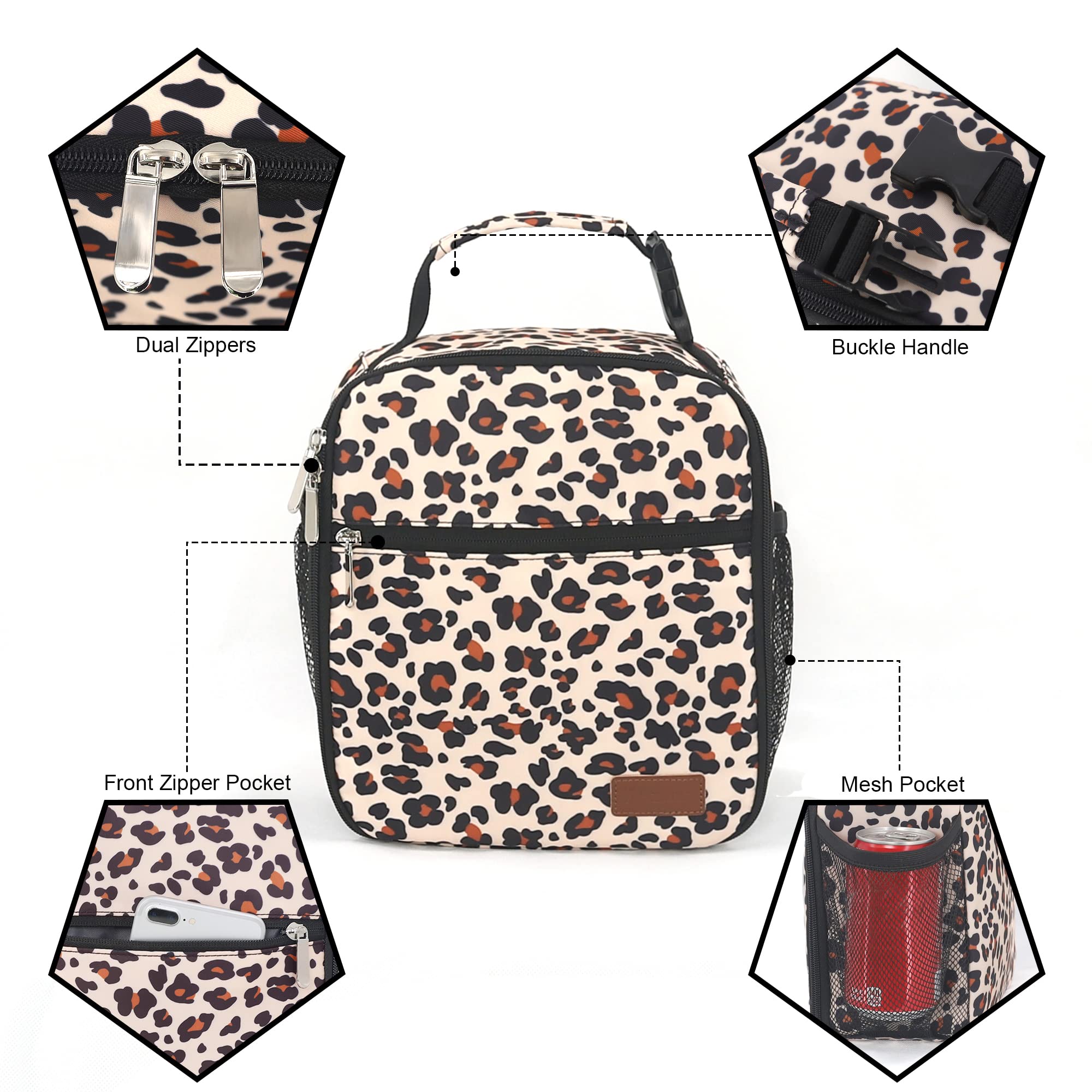Femuar leopard lunch box side pockets hold drinks or utensils.