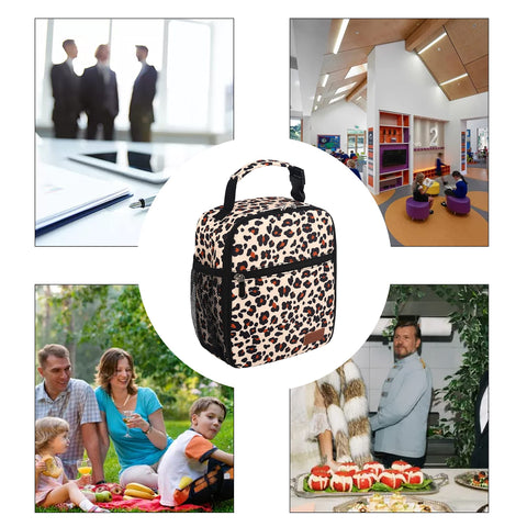 Femuar leopard lunch box travel-ready design fits bags and backpacks.
