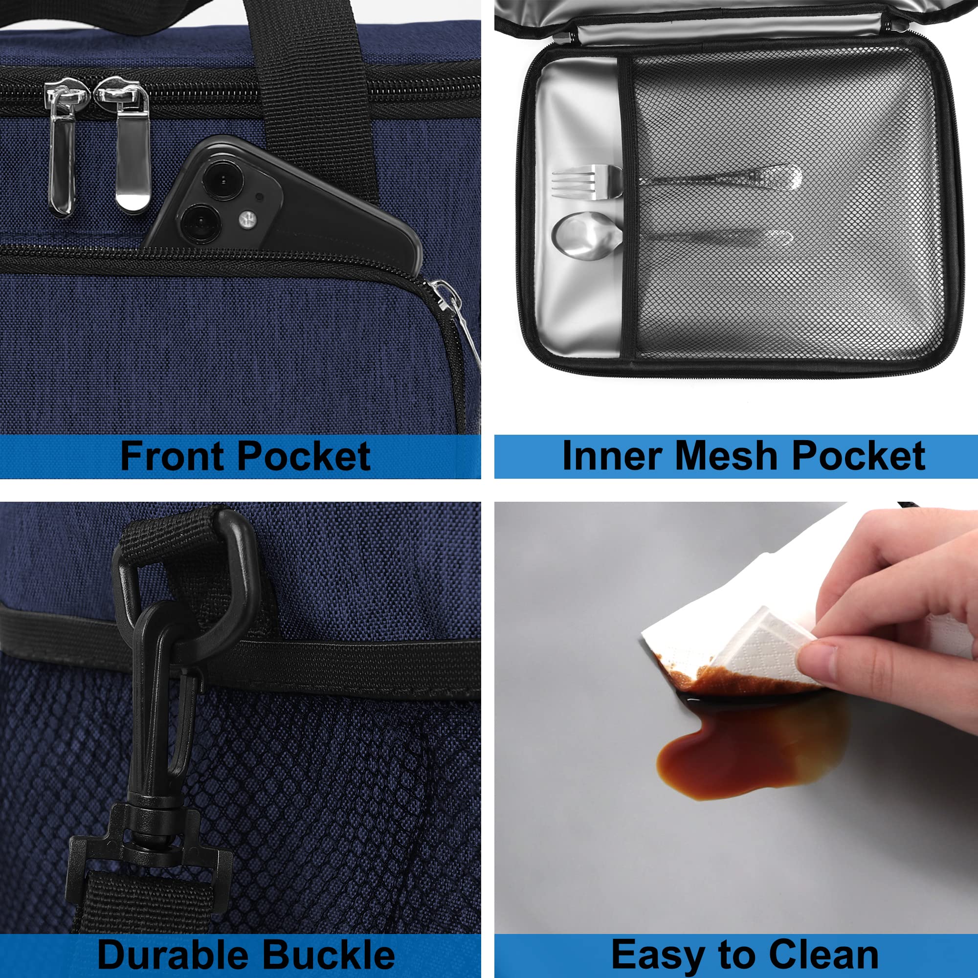 Femuar lunch bag front pocket with multiple compartments for keys and phone.