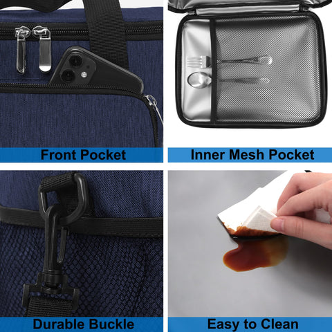 Femuar lunch bag front pocket with multiple compartments for keys and phone.