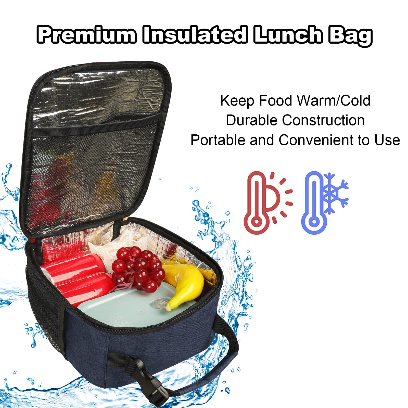 Femuar lunch box blue inside mesh pocket tidies utensils.