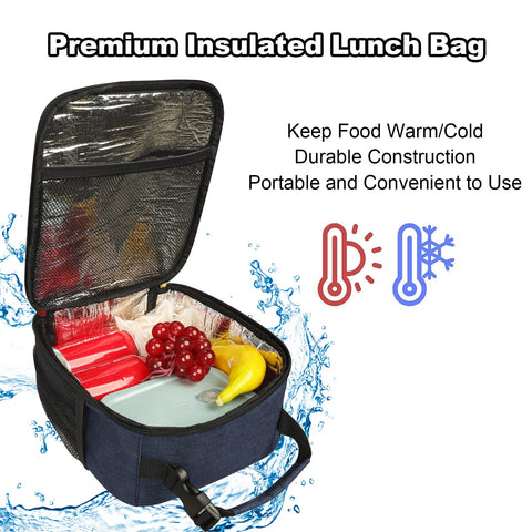 Femuar lunch box blue inside mesh pocket tidies utensils.